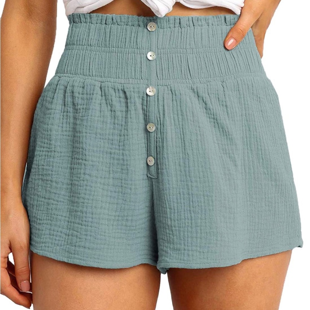 Dokotoo Casual Summer Smocked Elastic Waist Comfy Button Detail Beach Shorts